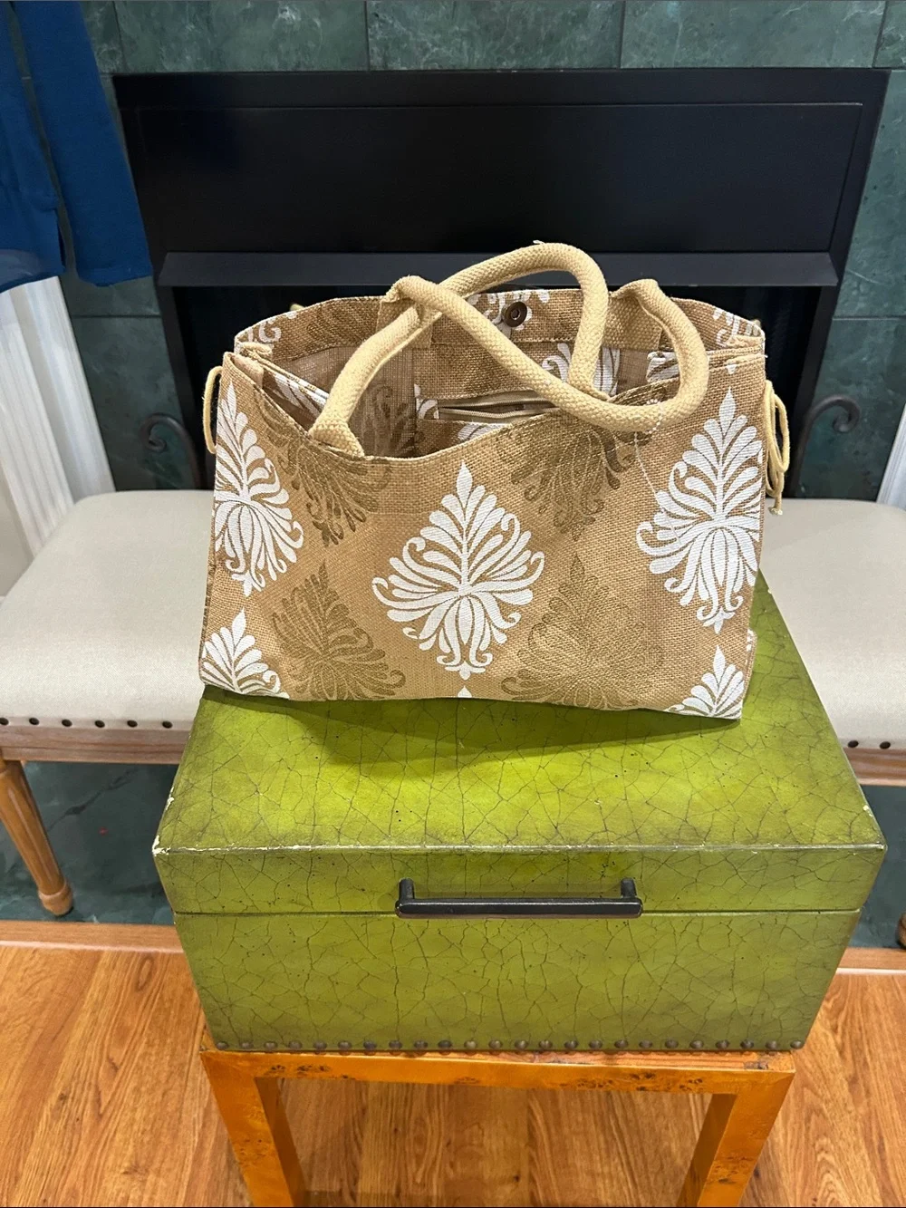 Beach Tote - Canvas Tote Bag with White Damask Print - Tan NWOT